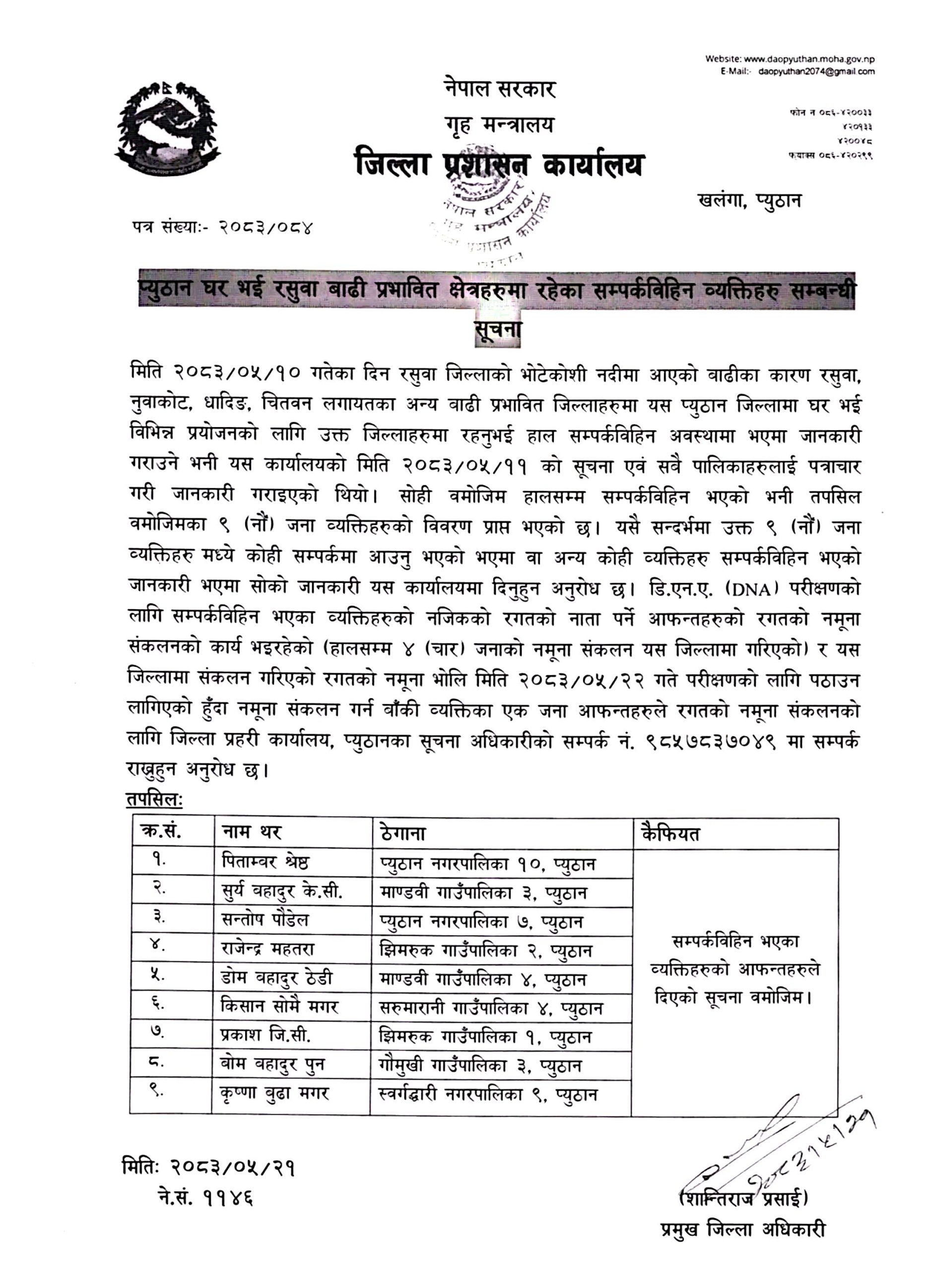 भोटेकोशी बाढीपछि प्यूठानका नौ जना सम्पर्कविहीन, आफन्तको रगतको नमुना संकलन गरिँदै